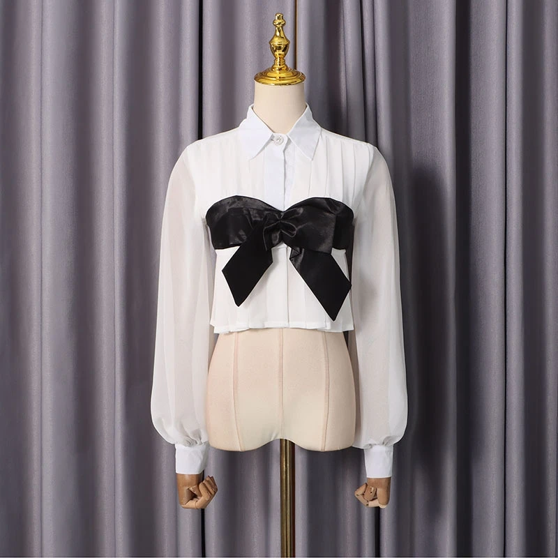 

Fashionable Long Sleeve High Waist Women's Shirt Knot Design Korean Style Loose Fit Polyester Fiber Spring 2026