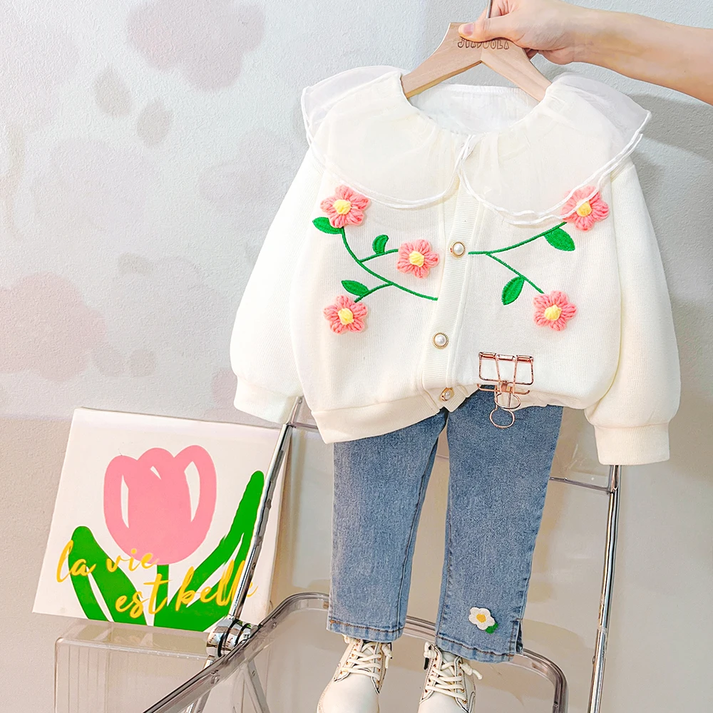 Infant Clothes Outfits 2023 Spring Baby Girls Clothing Sets Kids Floral Coats Shirt Jeans 3 Pcs Suits Children Princess Costume