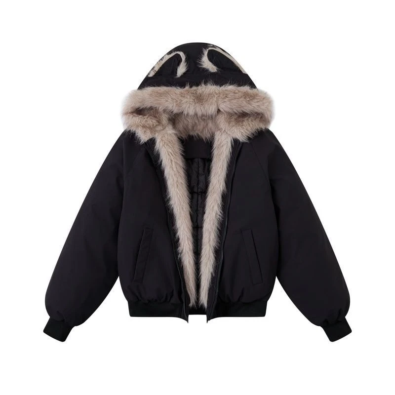 Parka Wanita Bergaya Retro Amerika Lengan Panjang Berkerudung dengan Telinga Kucing, Sweatshirt Manis Vintage Kerah Bulu Imitasi Warna Solid Musim Gugur 2025