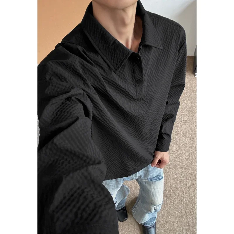 Men Textured Waffle Long Sleeve Polo Shirt Lapel Collar Half Button Loose Cropped Top For Urban Street Daily Casual Commute Wear