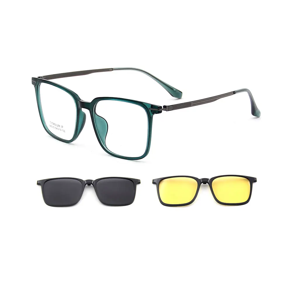 Square Ultralight TR90 Men's 3-in-1 Polarized Clip-On Sunglasses with Night Vision & Titanium Legs Durable Glasses Frames 84015