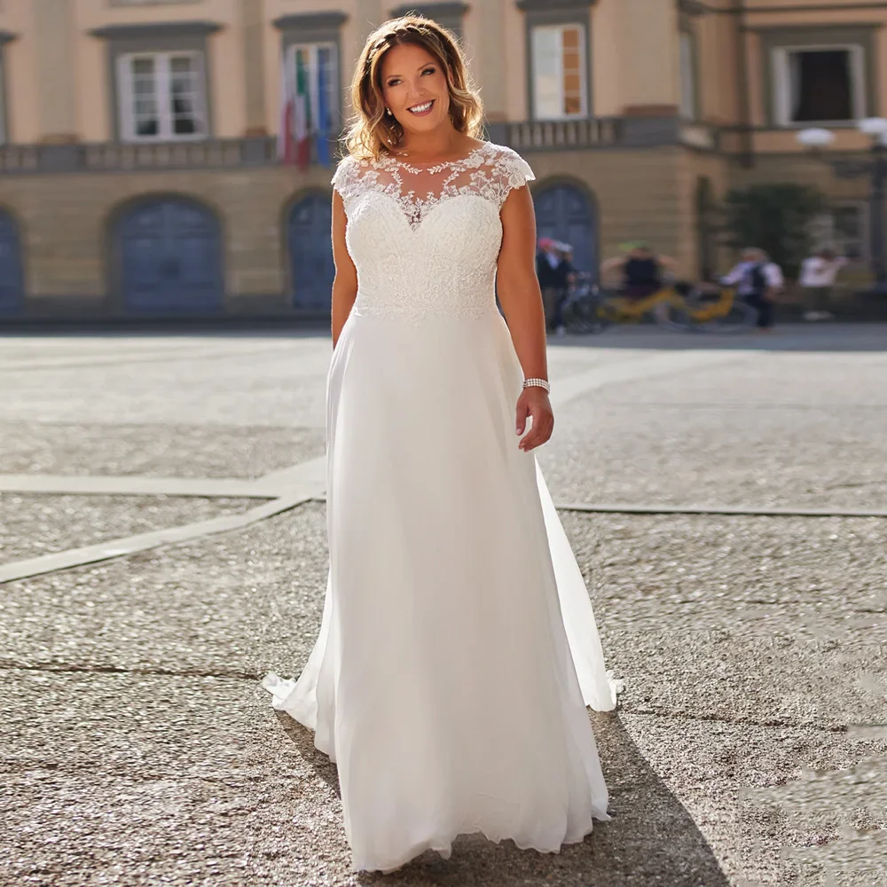 Cap Sleeves Wedding Dresses Plus Size Lace Appliques Zipper Buttons Back Sweep Train A Line Bridal Gowns for Bride White Dresses
