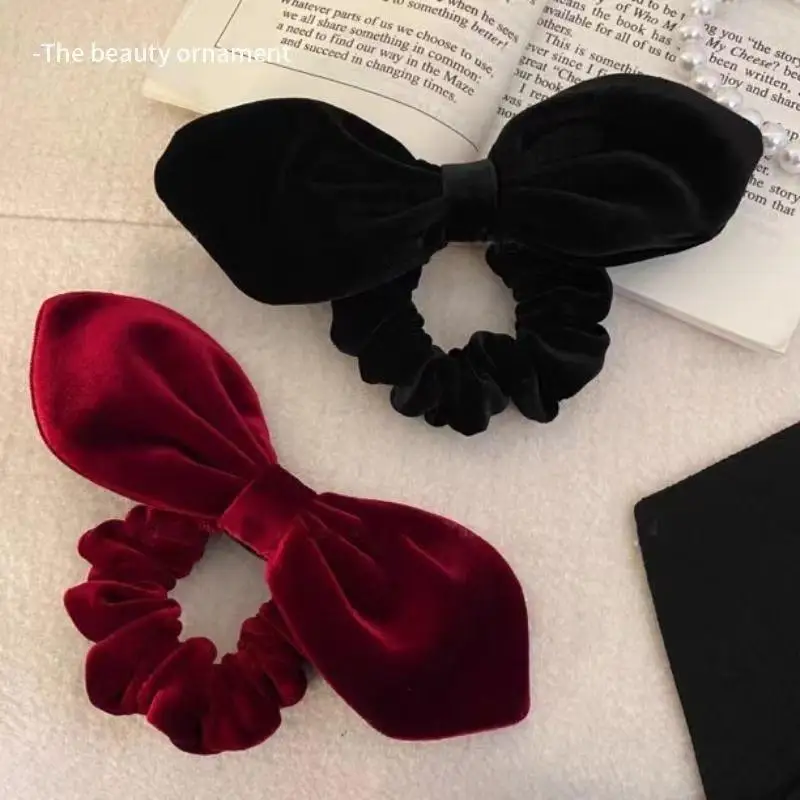 Vintage schwarze Samt-Haargummis mit Schleife für Damen und Mädchen, elegante elastische Haargummis für hohe Pferdeschwänze, Haarschmuck – Detail 6