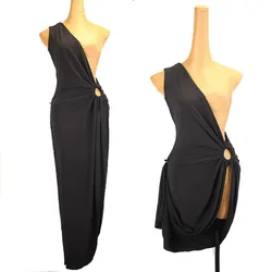 New slanted shoulders hollow long short design sense Latin dance practice clothing adult women dance dress