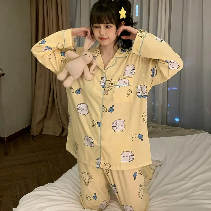 Hot Anime Chiikawa Women's Pajamas Cartoon Kawaii Girl New Sleepwear Cotton Home Wear Pajamas Set Woman Student Comfort Pijama