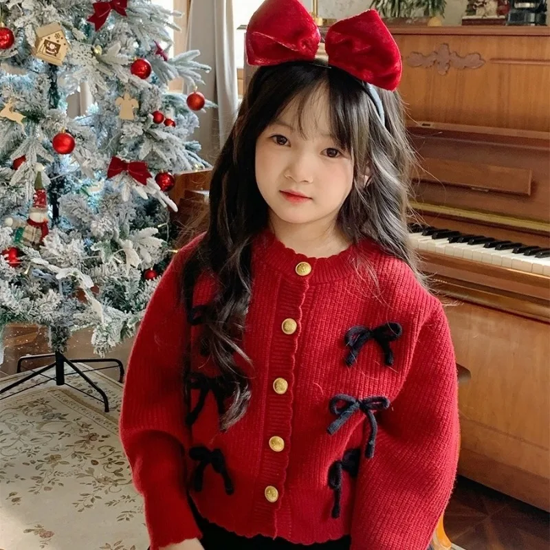 Autumn Winter Baby Sweater Button Cardigan Long Sleeve Knit Coat Sweet Girls Red Christmas New Year Kids Clothing 2-7Y