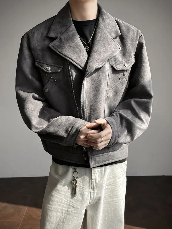 

Мужская весенняя куртка из деконструированной замши с заклепками, свободного кроя, с воротником-стойкой, повседневная, на молнии