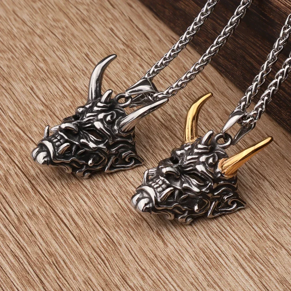 

Gothic Devil Prajna Mask Pendant Necklace Stainless Steel Punk Hip Hop Retro Unique Men Necklace Chain Jewelry Gift Wholesale