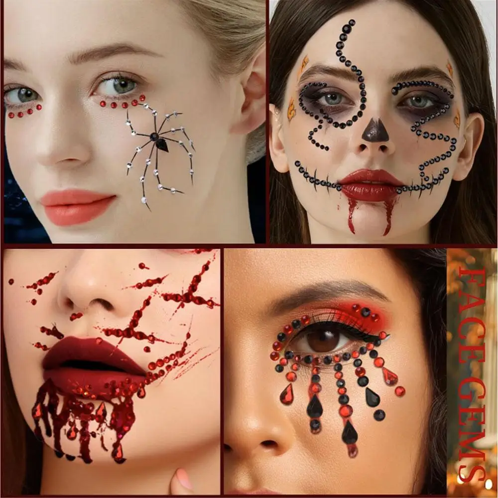 5Sheets Face Gems Face Jewels Black and Red Face Rhinestones for Face Makeup Halloween Gem Stickers Self Adhesive for Halloween