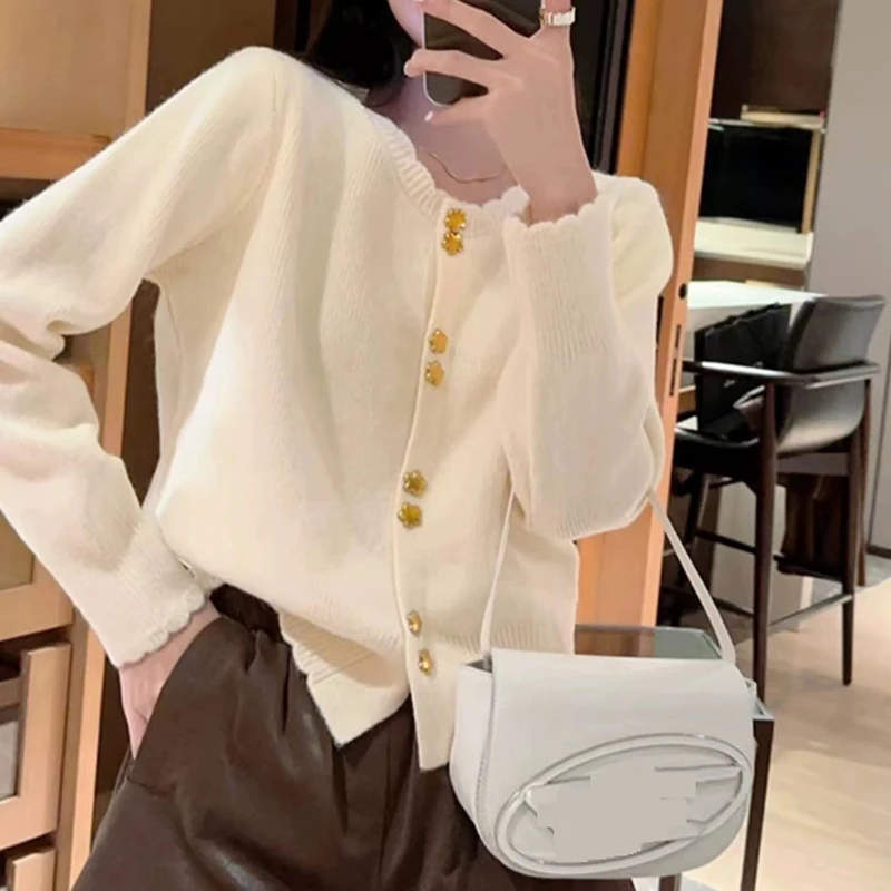 HELIAR Women Buttons Up Cardigan O-Neck Long Sleeve Elegant Office Sweater Coat Ruffles Knitted Warm Short Sweater Fall Winter