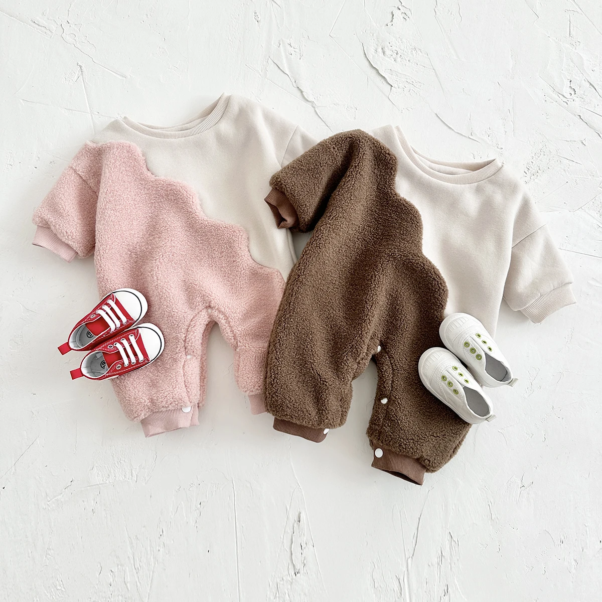 Winter Warm Boys Girls Baby Clothes 0-18Months Infant Toddler Outfit Long Sleeves Romper Color Block Lamb Wool Jumpsuit