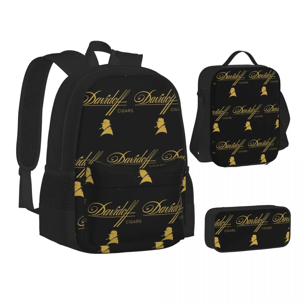 Mochilas negras Davidoff Cigars, mochila para niños y niñas, mochilas escolares, mochila para niños, bolsa para el almuerzo, bolsa para bolígrafos, juego de tres piezas