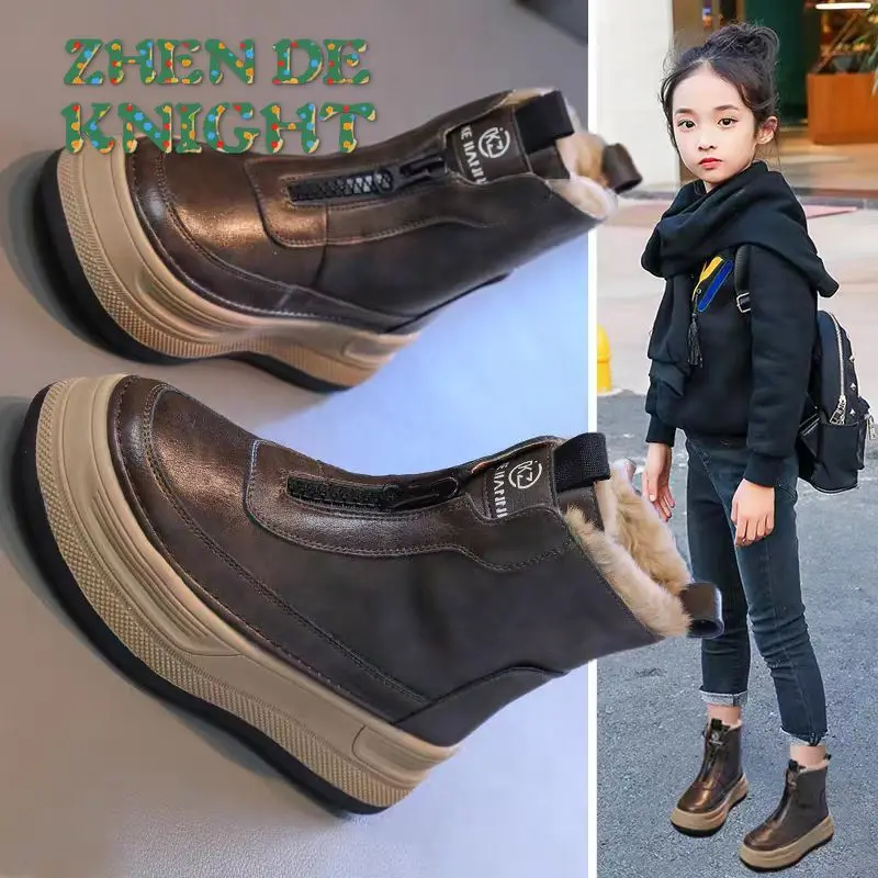 

Зимние теплые хлопковые зимние сапоги для девочек, новинка 2025 года, повседневные короткие утолщенные ботинки на толстой подошве с флисовой подкладкой