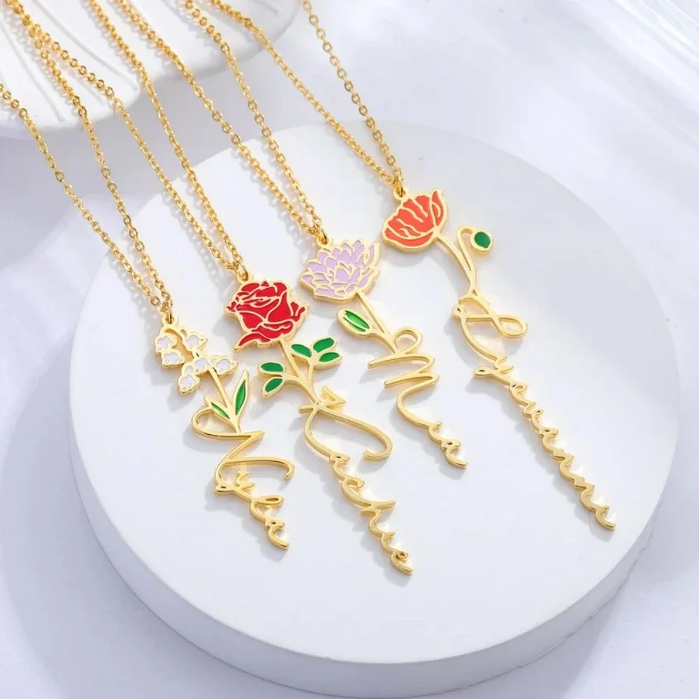 

Custom Name Necklace Birth Month Flower Color Enamel Stainless Steel Nameplate Pendant Personalized Necklace Women Birthday Gift