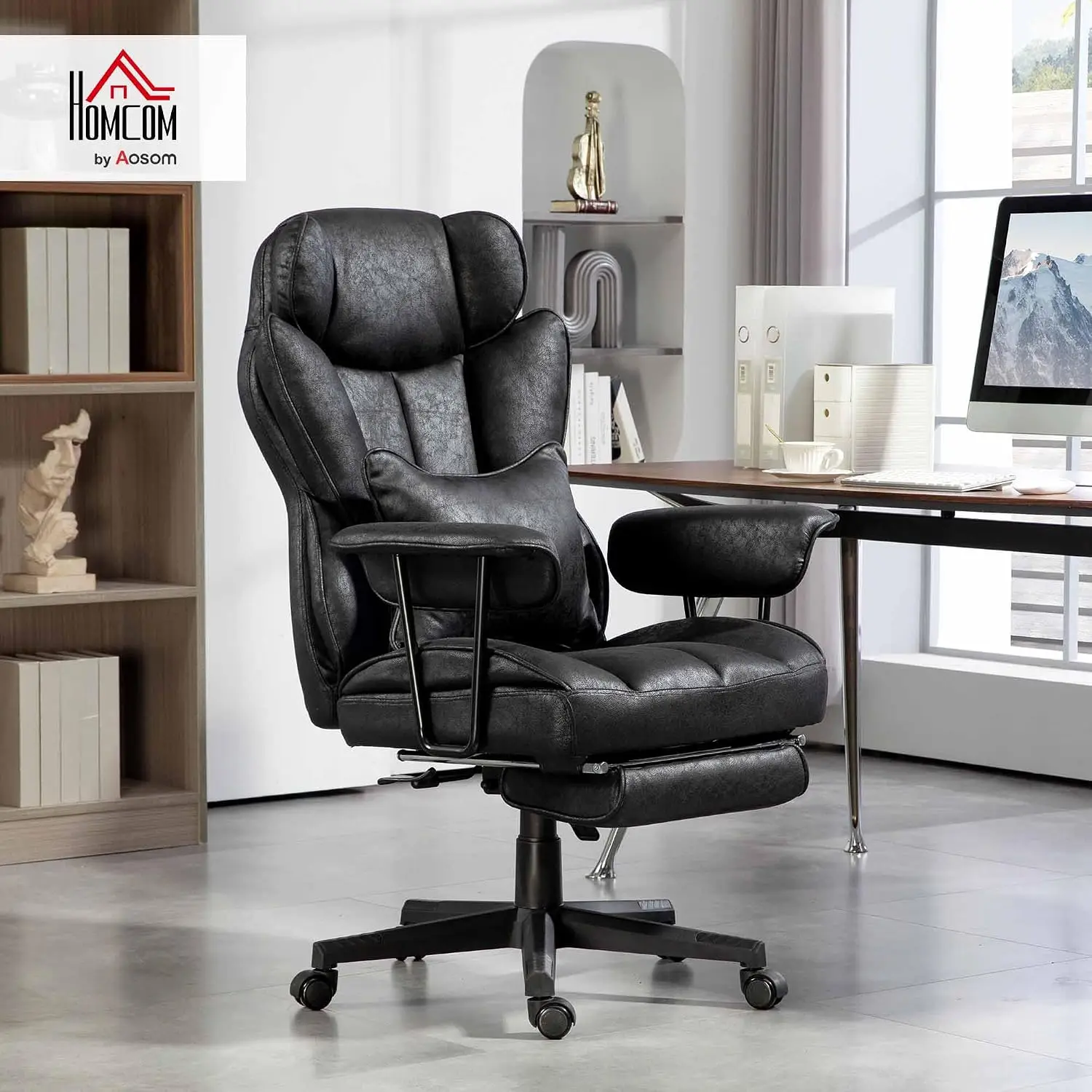 Executive Office Chair 400LBS Big and Tall High Back, Black | Foot Rest, Microfiber Computer Desk Chair, Lumbar, Customized
