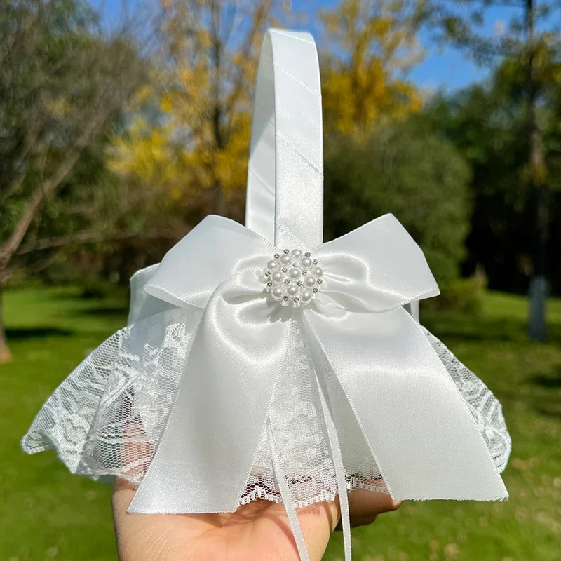 1pc Wedding Flower Girl Basket with Bowknot Satin Flower Basket for Wedding Ceremony Petal Candy Box Party Decoration Pearl Lace