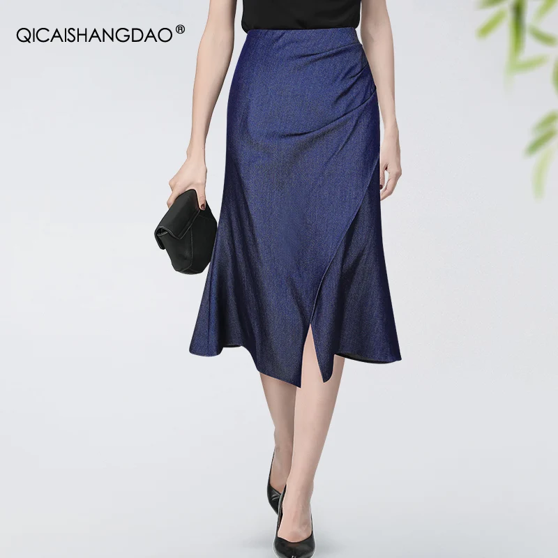 Women Blue Denim Cloth Casual Skirt 2024 Spring Summer New High Waist A-line Slit Midi Skirts