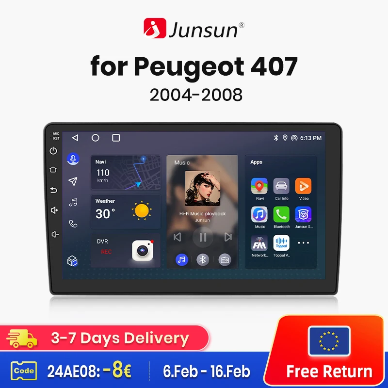 

Junsun V1 AI Voice Wireless CarPlay Android Auto Radio for Peugeot 407 2004-2008 4G Car Multimedia GPS 2din autoradio