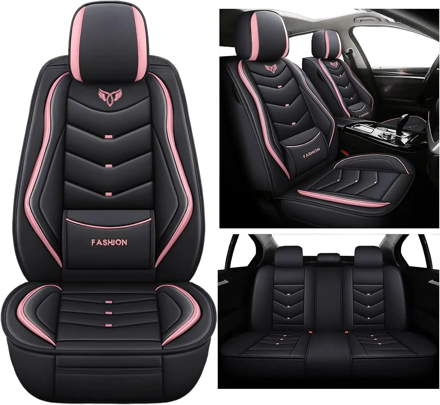 Leather Car Seat Covers Full Set,seat Covers for Cars | Universal Fit,Waterproof leather seat covers with Fixed Lumbar