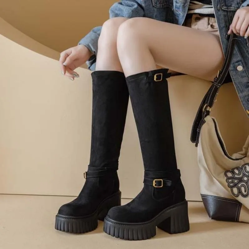 

Winter Sexy Woman Motorcycle Booties Women Shoes Custom Boots Belt Strap Platform Women Boots High Heels Knee High Boots