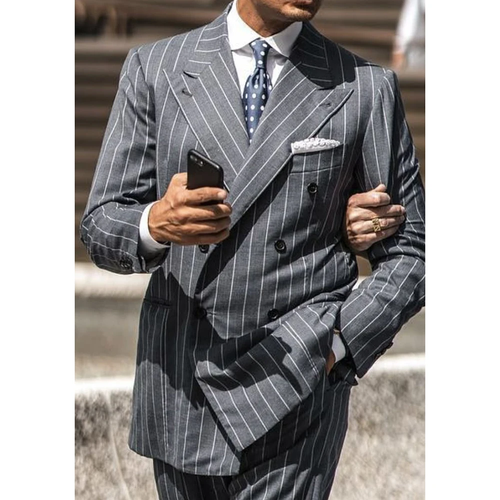 

2025 Fashion Gray Men's Stripe Suit 2 Piece Jacket Pant Sets Peak Lapel Double-Breasted Loose Fit Casual Office Male Outfits