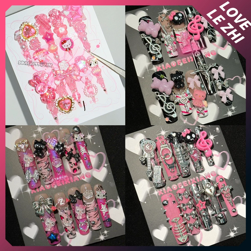 

Spicy Girl Xl Long Square Stiletto Handwork Press On Nail Y2K Punk Style Anime Heavy Metal Bowknot Diamond Reusable False Nail