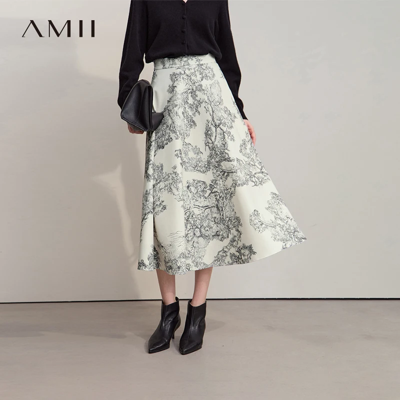 AMII Damesrok 2025, Herfst Nieuwe Handgeschilderde Afdrukken Veelzijdige Losse Rokken Voor Vrouwen A-lijn Elegante Chiffon Rok 12543192