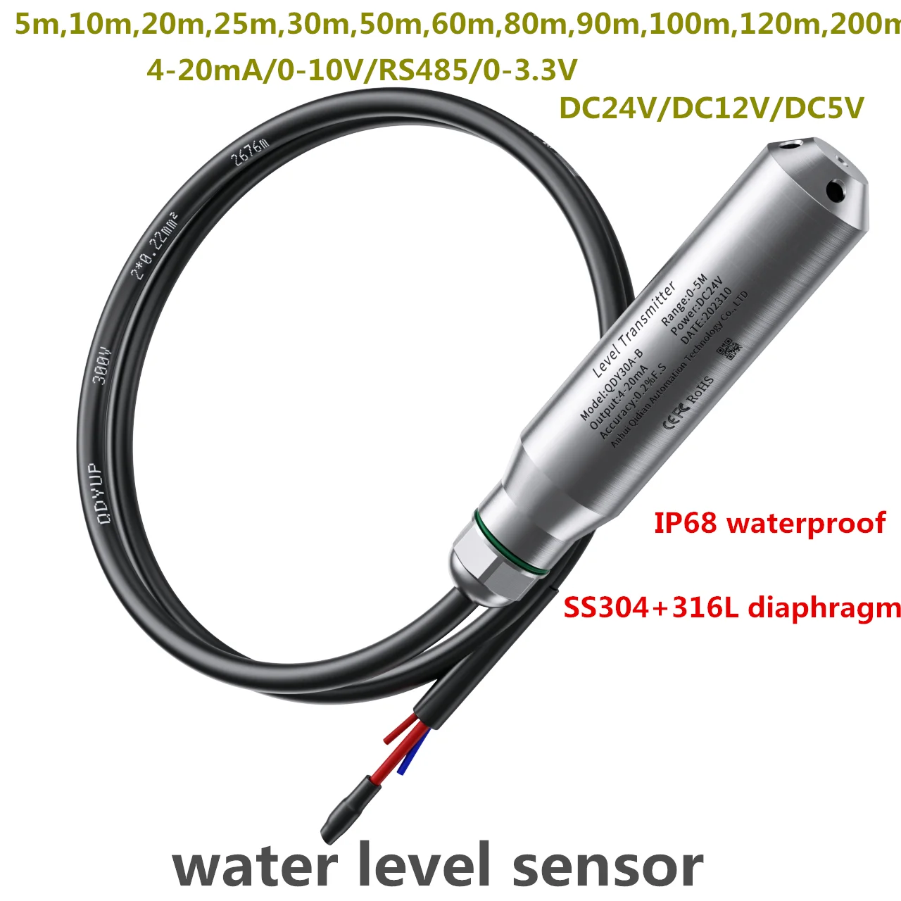 

4-20mA 0-3.3v Output water level sensor 316l diaphragm Submersible level sensor 5m 10m 20m 50m Water Tank Liquids Transducer