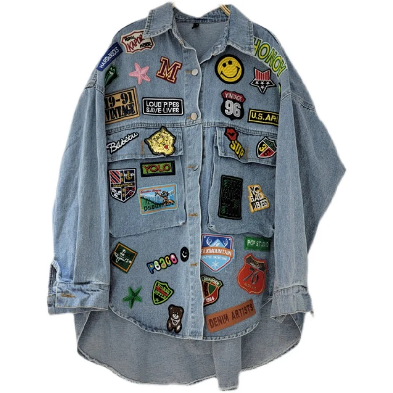 Asymmetrical Denim Jackets Women Streetwear Fashion Badge Embroidery Jeans Jacket Pocket Lapel Loose Jeans Coat Female 2022 New