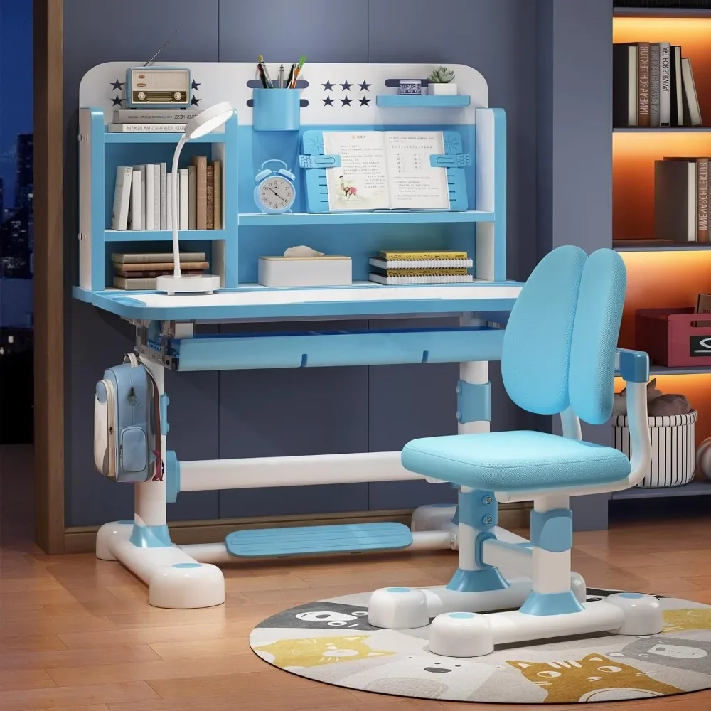 

Kids Desk Chair Set, Adjustable Height Kids Table with Storage and Drawers Girls Desk Pink Writing Reading Drawing (Blue)