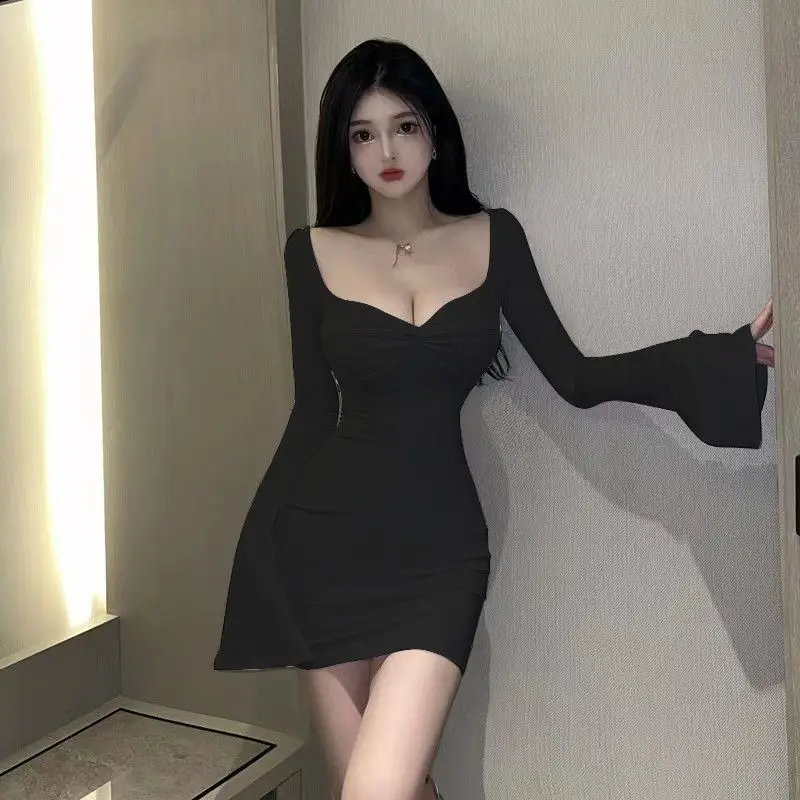 Women's Long Sleeve Ruched Bodycon Dresses Bell Sleeve Sexy Square Neck LowCut Cocktail Club Party Mini Short Dress