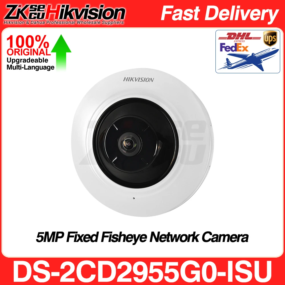 Hikvision-cámara IP de 5MP y 180 °, sistema de vigilancia de intrusión cruzada con ojo de pez, 1,05mm, micrófono incorporado, alarma, ranura para E/S SD