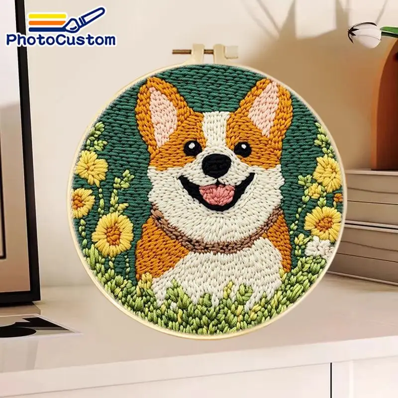 

PhotoCustom Dog Diy Needle Punch Kit Crafts Embroidery Supplies Animal Complete Punch Needle Kit For Adults Crafts Gift