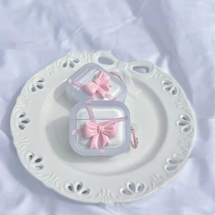 เคสหูฟังสีชมพูรูปโบว์สำหรับ AirPods 4 3 2 1 เคสไร้สายสำหรับ AirPods Pro2 รุ่นเคสหูฟังบลูทูธพร้อมพวงกุญแจ