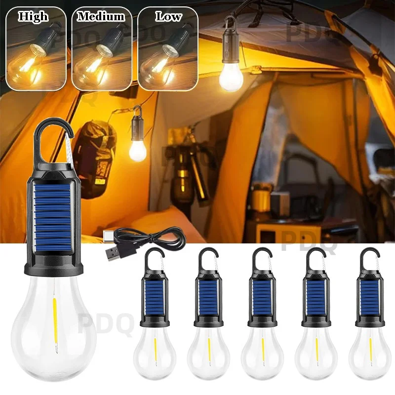 Solar Camping Lamp Bulbs Outdoor USB Charging Solar Powerd Hanging Lights Portable Tent Light Waterproof for Camping BBQ Decor