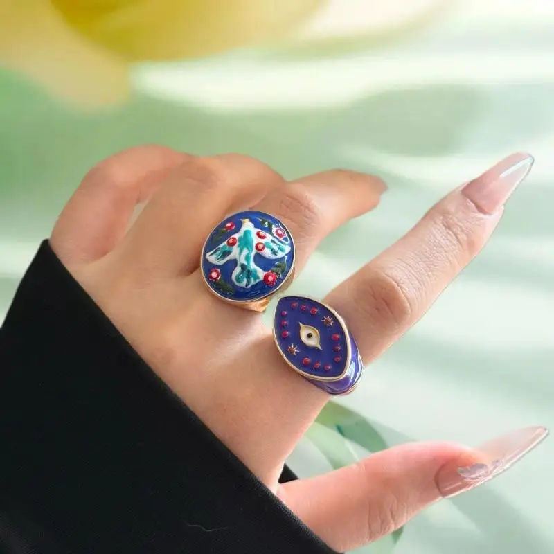 مبالغ فيها خمر المينا رأس الحصان الطيور رسمت عين الشيطان واسعة حلقة مفتوحة أنيقة اكسسوارات مجوهرات للنساء هدية #4