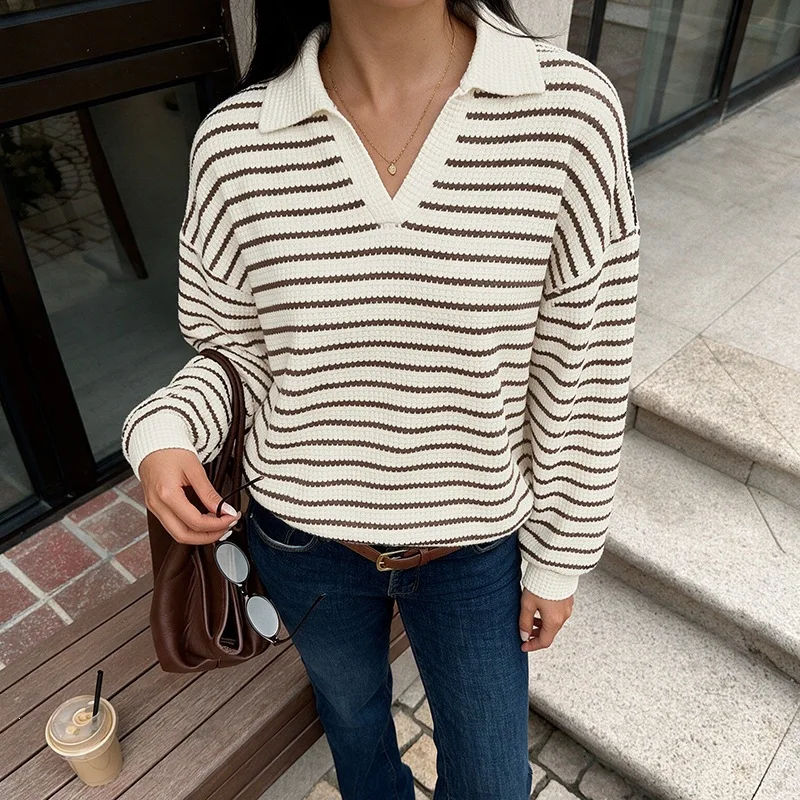 Blouses Women Sweatshirts Shirt Vintage Turn Down Collar Full Sleeve Tops Striped Y2k Streetwear Elegant Shirts Autumn Winter