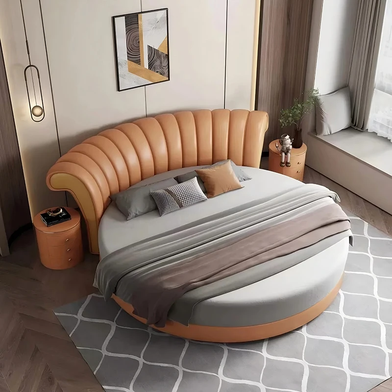 

Luxury Light Round Double Bed High Quality New Design Bed Set Hotel Bedroom Furniture Soft Leather Round Bed