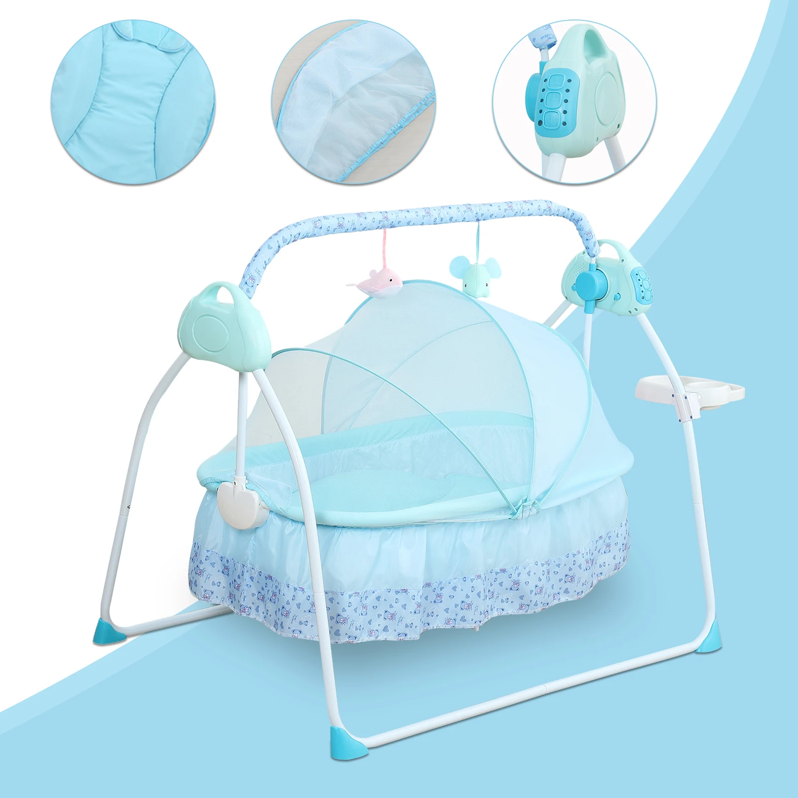 Electric Baby Swing with Protective Mosquito Net, MP3 Music Function, and Soft Mattress – Gentle Rocking Motion, Ergonomic