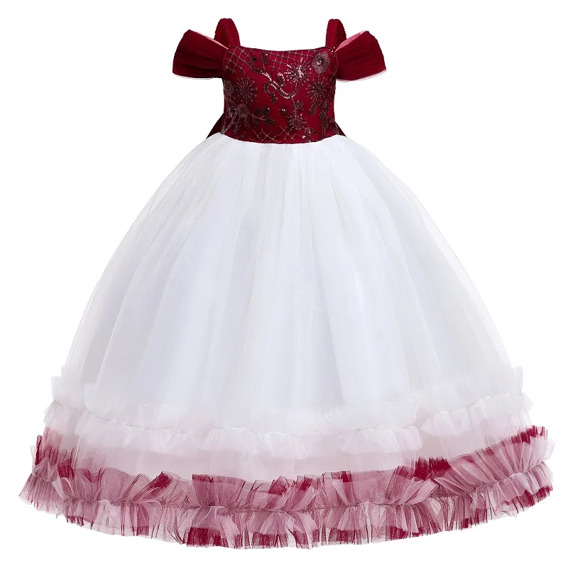 Mädchen Einteiliges kleid wort schulter pailletten bestickt Bögen Prinzessin kleid Flower hochzeit Klavier spielen kostüm kinder kleid