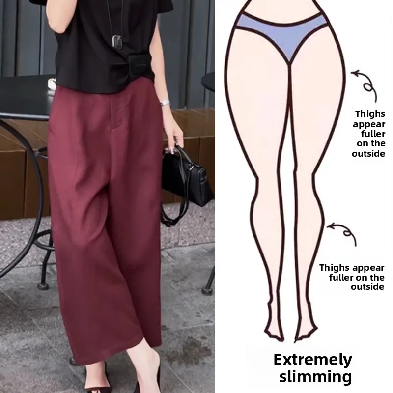 

Red High-End Feeling Linen Nine-Piece Women's Summer plus Size Cotton Linen Pants Stylish Versatile Loose High Waist Casual