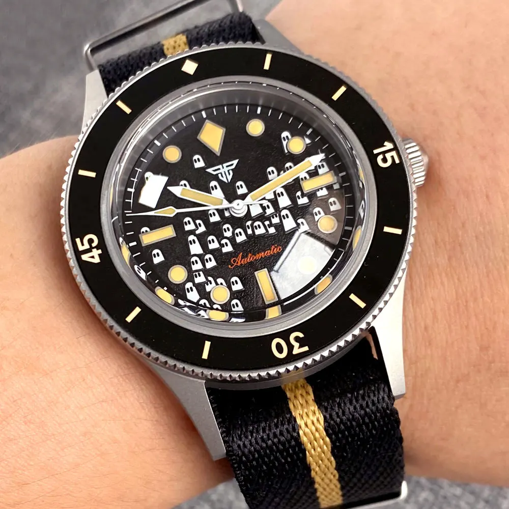 Tandorio 50 Fathoms Automatic Watch for Men Luminous Ghost Dial Japan NH35A 200m Waterproof Bubble Sapphire Glass Sandblasted