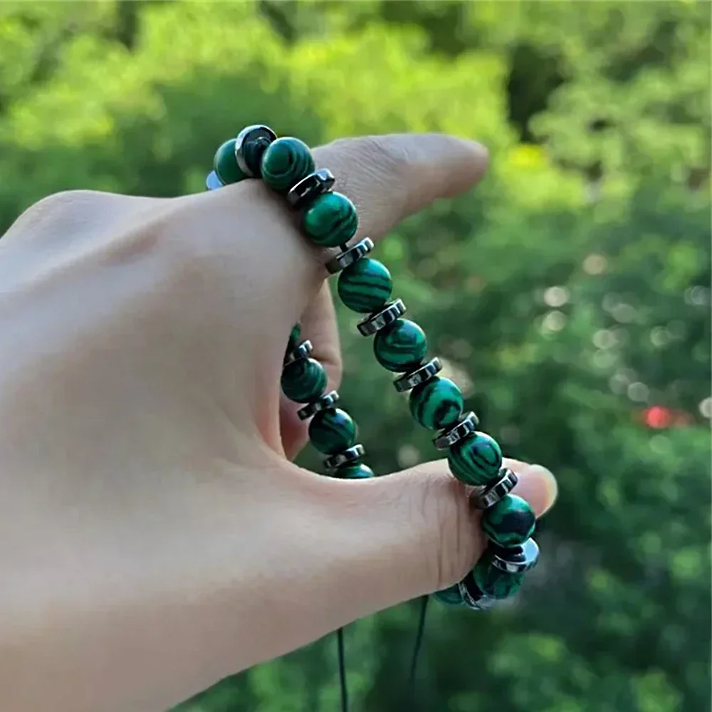 الحجر الطبيعي سوار النساء الرجال حسن الحظ المال صحي الأخضر الملكيت النمور العين الخرز أساور هدايا عيد الميلاد أبي من الابن