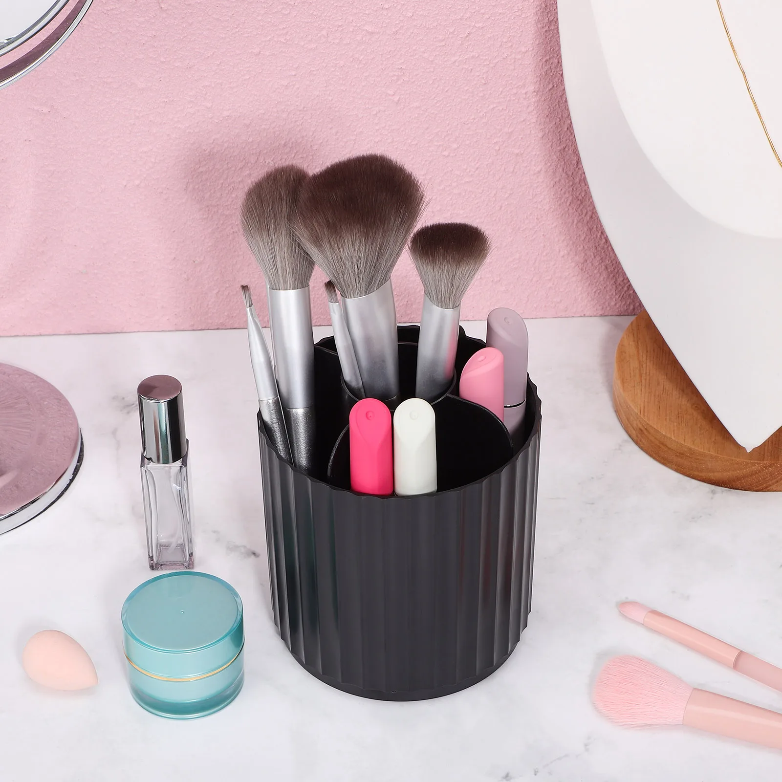 

Makeup Brush Holder Organizer Rotating Transparent Lid with Stripe Pattern Multi-Functional Vanity Desk Storage for Brushes