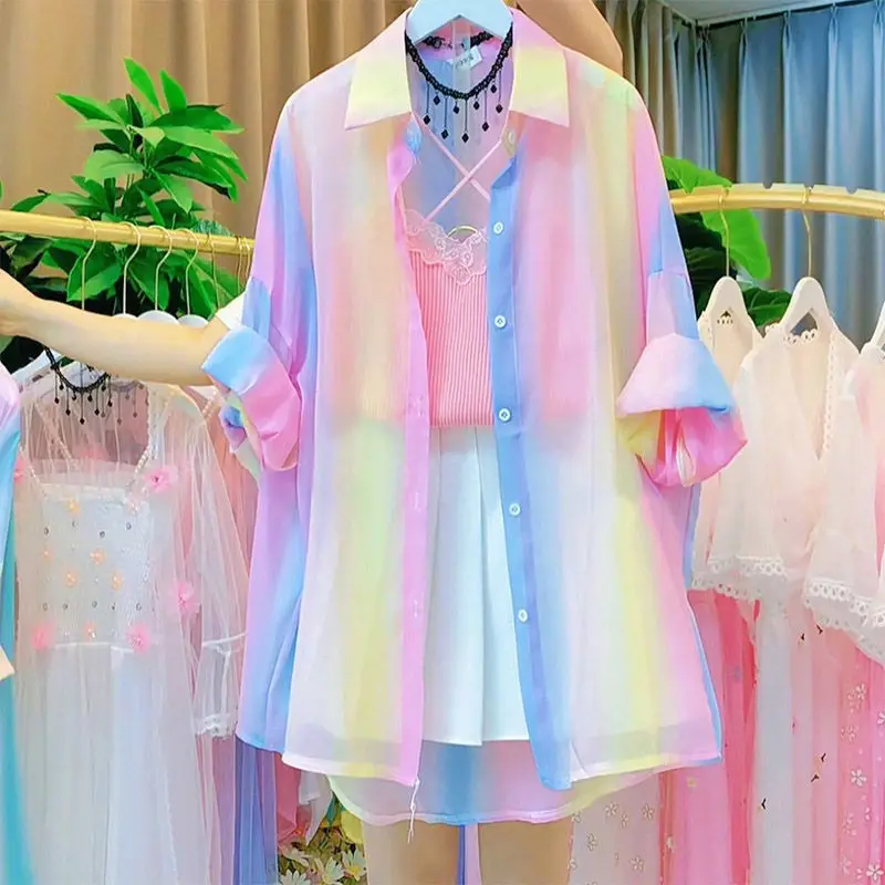 Summer Dopaamine Gradient Sun Protection Shirt Women's New Style Sexy Girl Strap Slimming Pleated Skirt  Collar Long Sleeve