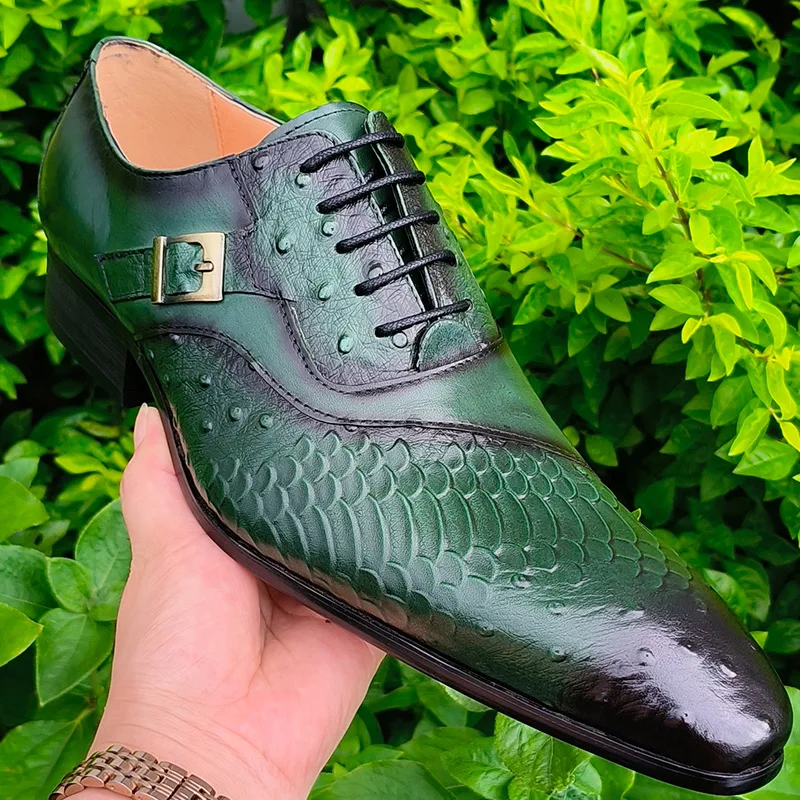 Mens Green Oxford Dress Shoes men dress shoe vestidos Side Buckle Leather Wingtip Lace Up office business wedding Husband gift