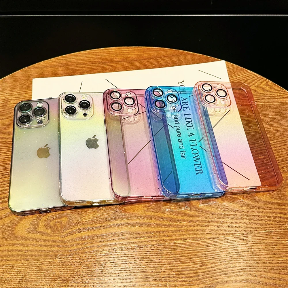 Dla iPhone 15Pro brokatowe kolorowe etui na iPhone 15 14 Pro Max 13 12 11 Gradient Rainbow Ultra Slim odporne na wstrząsy luksusowe etui