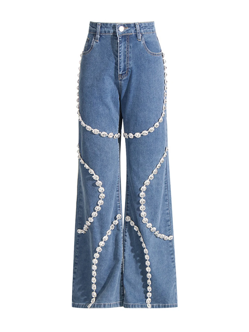 Modphy Diamond Chain Jeans y2k Clothes Women High Waist Wide Leg Beading Denim Pants Fashion Trousers Female Clothes