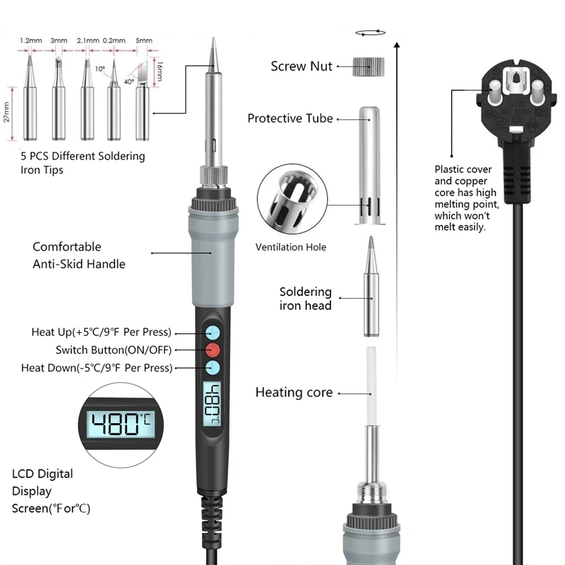 90W Electronic Soldering Iron With Auto Sleep 15s Fast Heating Digital Adjustment Temp Home SMD Repair Rework Welding Tools