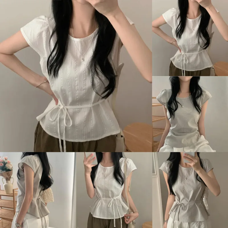 

Korean Chic Grid Tops&Tees Summer Y2K Retro Niche Design Temperament Fashionable Casual Round Neck Onesize Drawstring Shirt New